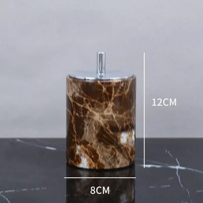 Cylindrical container with chrome lid and handle in emperador dark marble from modern emperador dark marble bathroom set