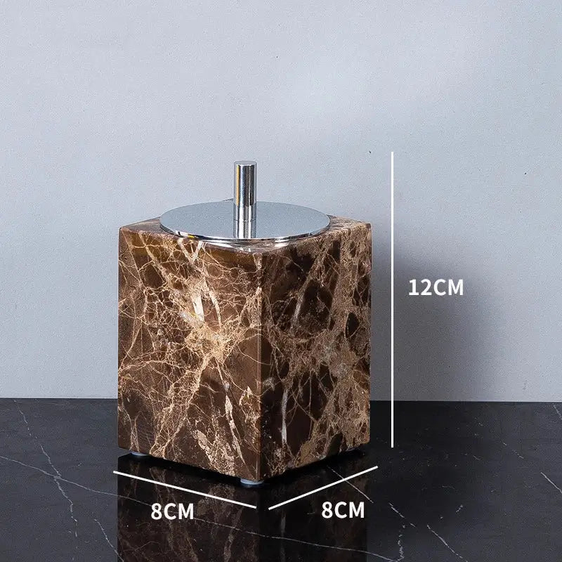 Brown emperador dark marble toilet brush holder with polished chrome lid and central handle for modern bathroom set