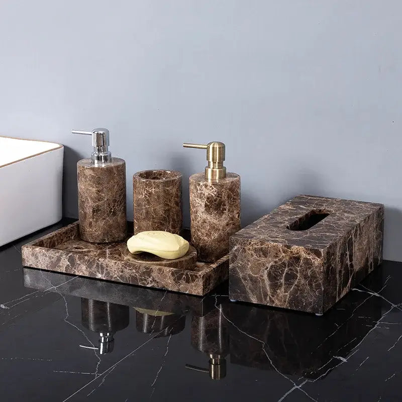 Modern emperador dark marble bathroom set featuring brown marble soap dispensers cup and tissue box with chrome accents