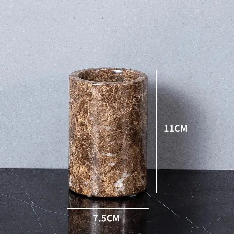 Modern emperador dark marble cylindrical holder 11cm tall 7.5cm wide with natural veining patterns