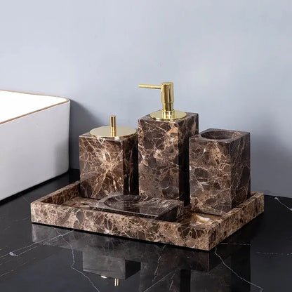Modern emperador dark marble bathroom set with brown marble and gold-tone pump and lid accents