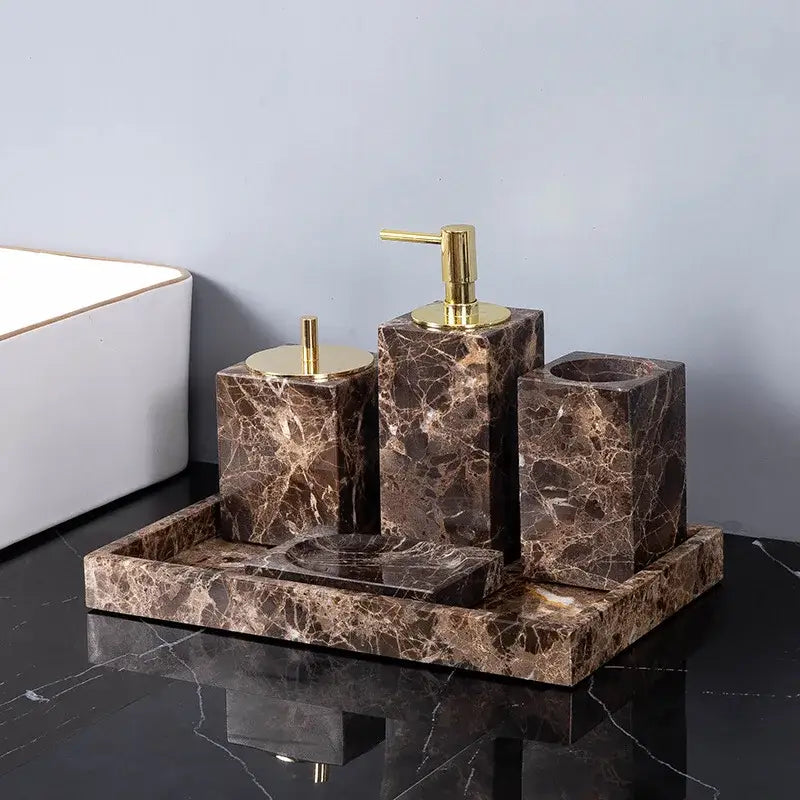 Modern emperador dark marble bathroom set with brown marble and gold-tone pump and lid accents