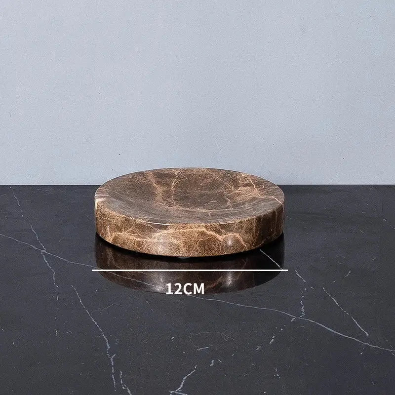 Round 12cm diameter emperador dark marble soap dish with natural veining from modern dark marble bathroom set