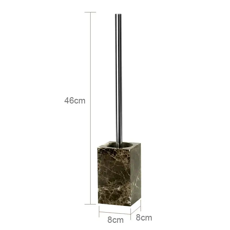 Modern emperador dark marble toilet brush with a polished chrome handle and square dark marble base, 46cm tall
