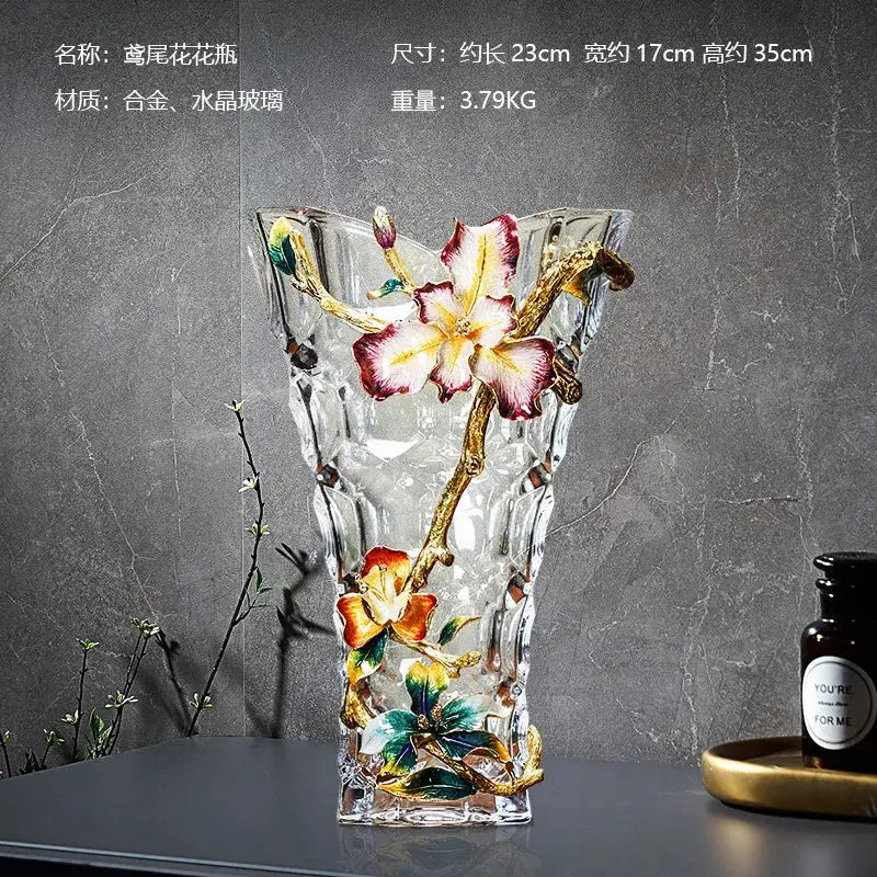 Modern enamel flower crystal glass vase with intricate gold-toned metalwork and vibrant hand-painted floral designs