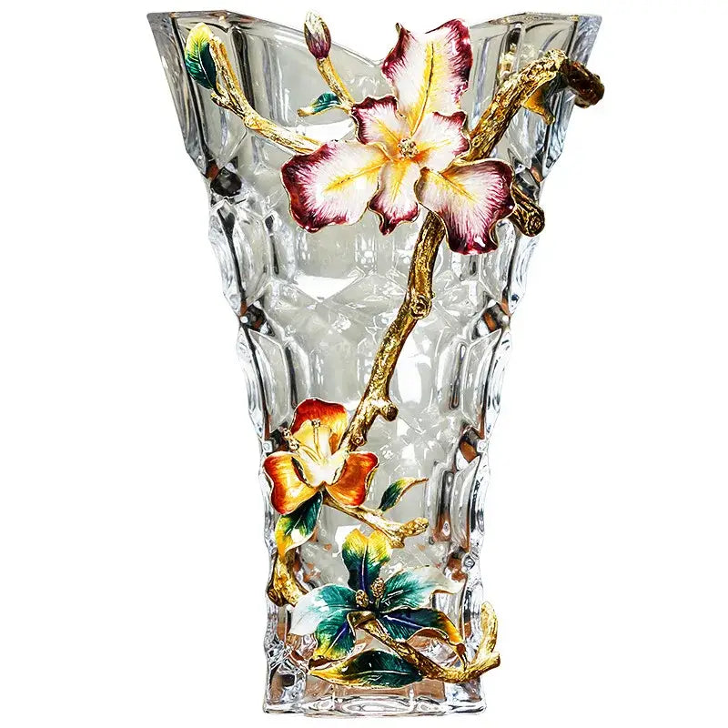 Modern enamel flower crystal glass vase with textured faceted sides and pink yellow orange green floral accents for decor
