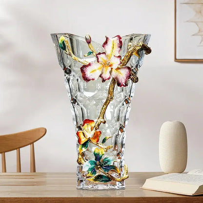 Clear crystal glass vase with intricate colorful enamel flowers and gold toned branches for living room decor