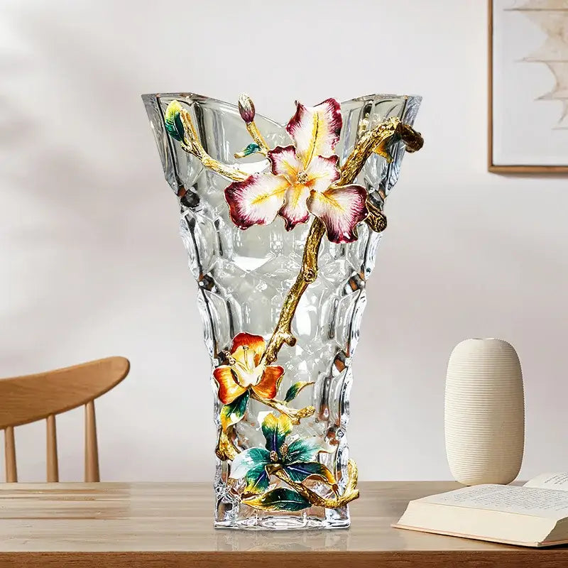 Clear crystal glass vase with intricate colorful enamel flowers and gold toned branches for living room decor