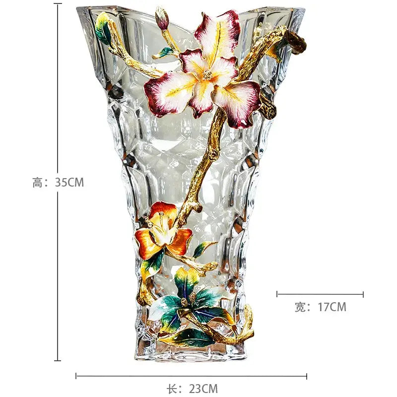 Clear crystal glass vase with colorful enamel flowers and gold-toned branches for modern living room decor
