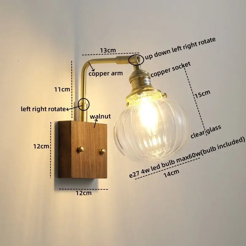 Modern etched glass copper led wall lights bedroom sconce with brass-finished wall sconce and walnut wood base