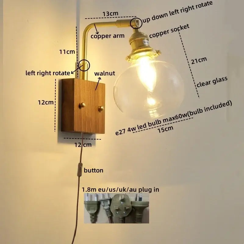 Industrial-style wall lights with clear glass copper led bulb, brass copper arm, and walnut wood base for bedroom sconce