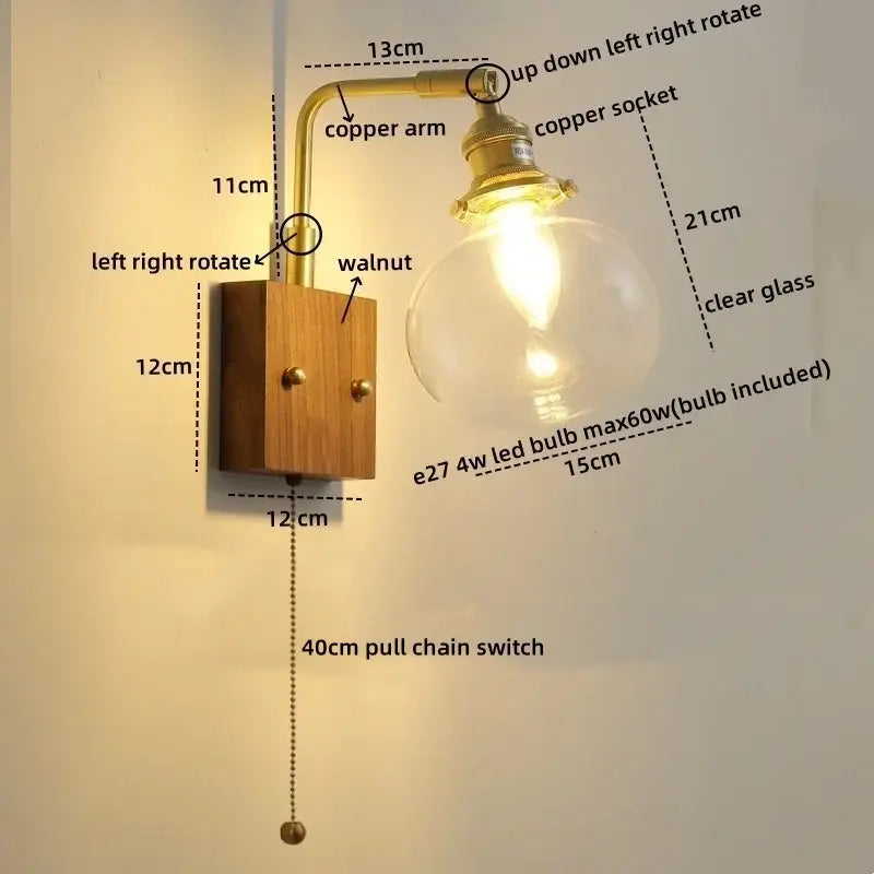 Modern etched glass copper led wall lights feature a brass-finished copper arm and walnut wood base bedroom sconce