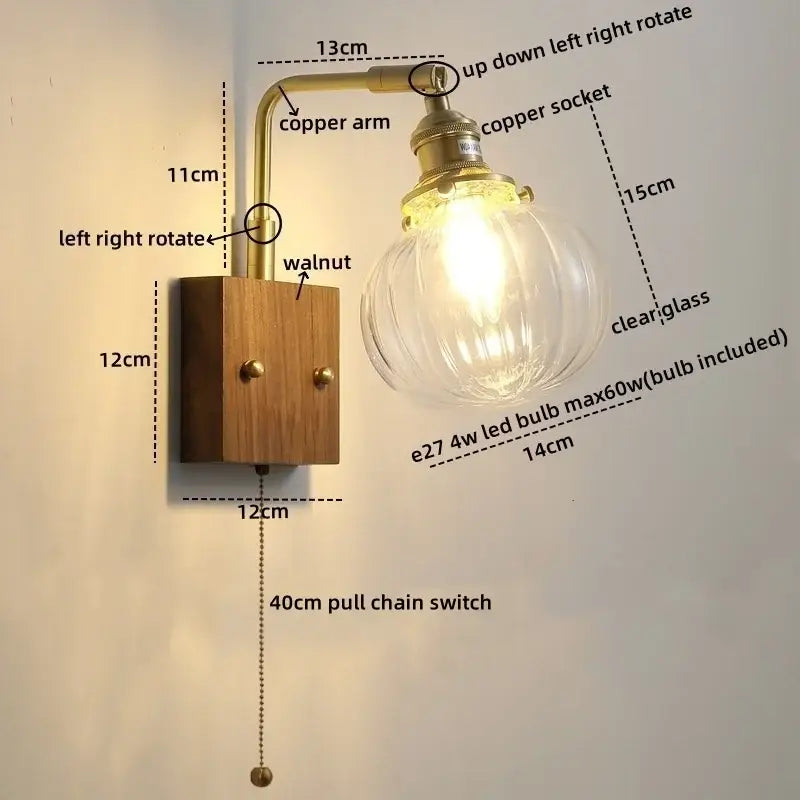Vintage-style bedroom sconce with copper led wall arm and adjustable clear glass copper led wall lights mounted on walnut wood