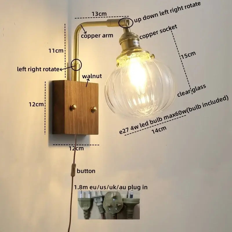 Modern etched glass copper led wall lights feature a vintage-style brass copper arm and walnut wood base with ribbed glass bulb