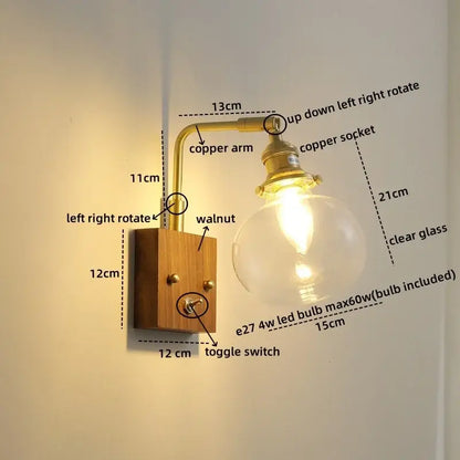 Vintage-style wall lights with brass copper led arm walnut wood base and etched clear glass bulb for bedroom sconce