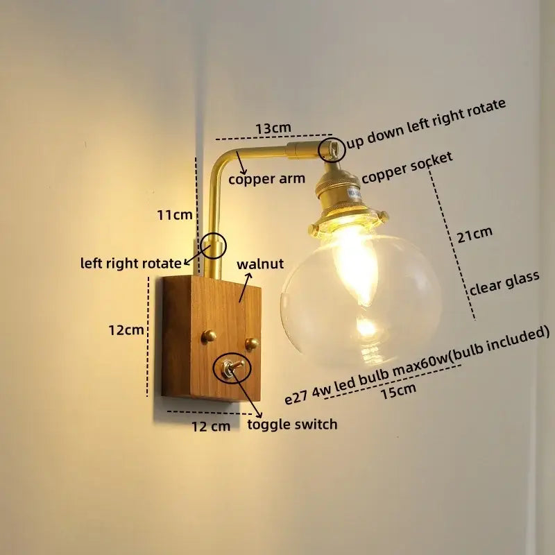 Vintage-style wall lights with brass copper led arm walnut wood base and etched clear glass bulb for bedroom sconce