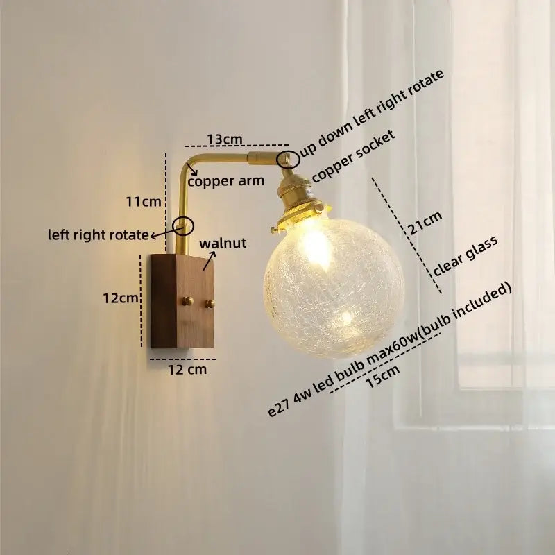 Modern etched glass copper led wall lights featuring a brass copper arm walnut base and textured crackle globe