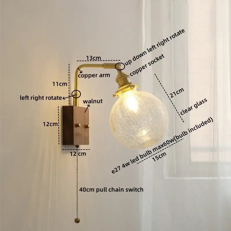 Modern etched glass copper led wall lights featuring a warm brass sconce with walnut base and articulated copper arm