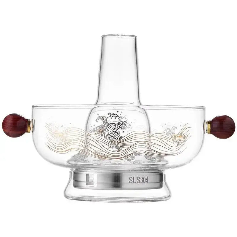 Modern etched glass hotpot with gold wave patterns and dark red wood handles from decorbites glass hotpot collection