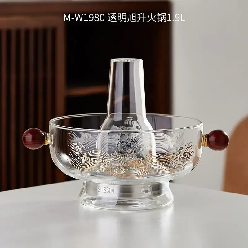 Modern etched glass hotpot with gold wave etchings and maroon wooden handles by decorbites glass hotpot