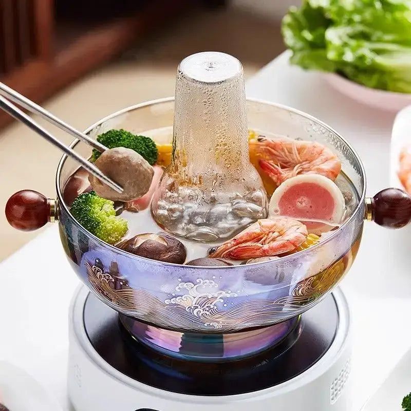 Modern etched decorbites glass hotpot with silver chimney and dark red wood handles for kitchen cookware