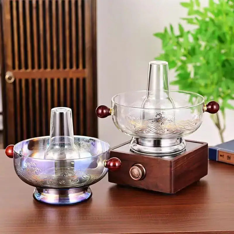 Modern etched glass hotpot with silver wave etchings red wood handles on stainless steel base decorbites glass hotpot