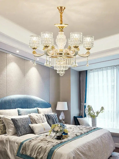 Elegant modern european gold crystal ceiling chandelier with crystal glass shades and dangling crystals by decorbites crystal ceiling