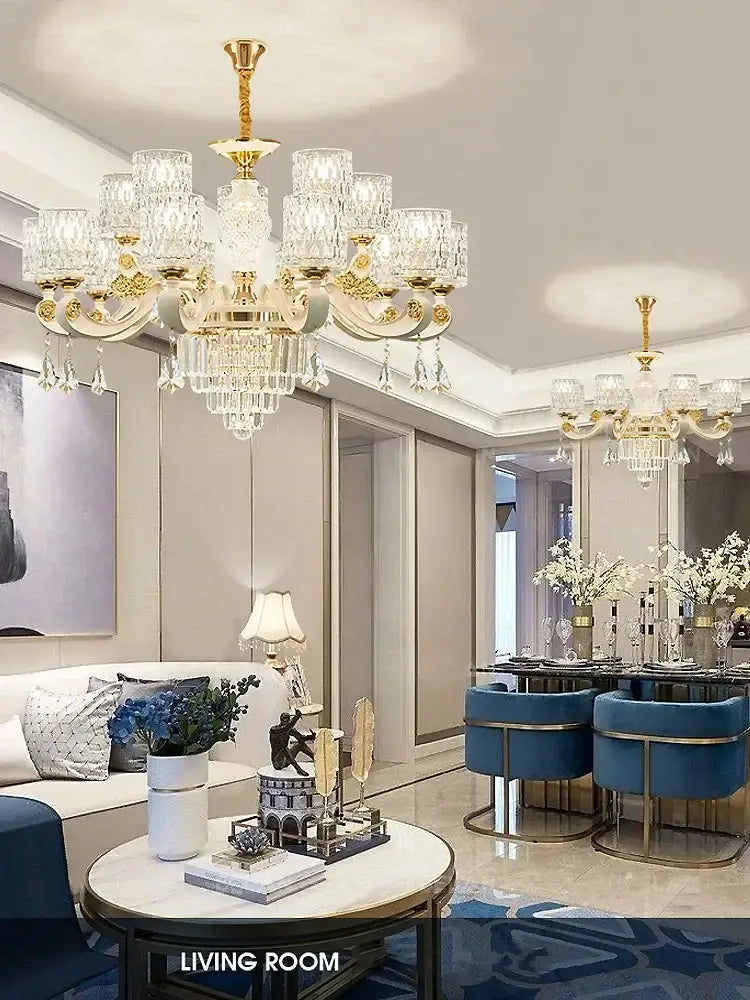 Modern european gold crystal ceiling chandelier with multiple crystal glass shades and dangling crystal pendants decorbites crystal ceiling