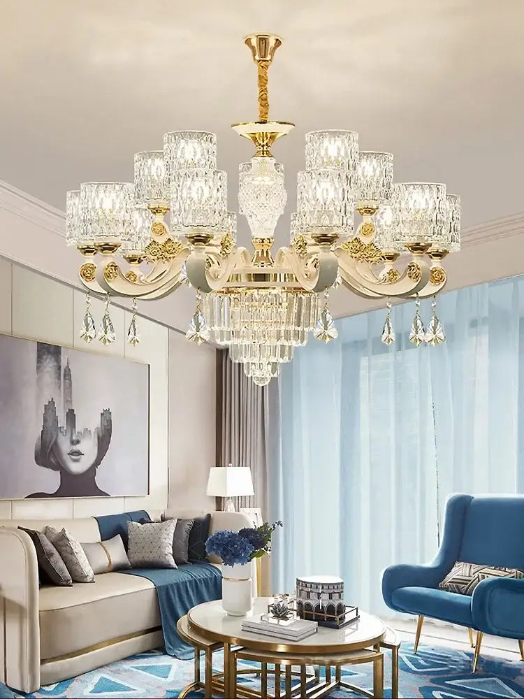 Modern european gold crystal ceiling chandelier with multiple crystal-encrusted arms and hanging teardrop crystals for decorbites crystal ceiling decor