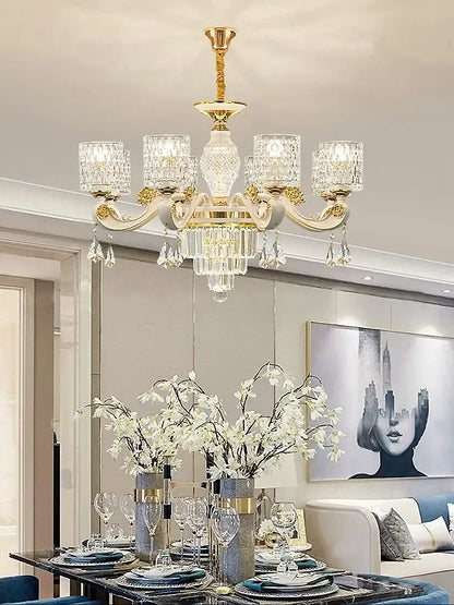 Modern european gold crystal ceiling chandelier with crystal glass shades and dangling crystals for living room decorbites crystal ceiling