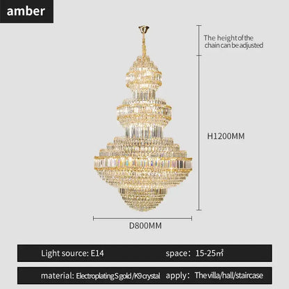 Amber tiered pendant light with gold electroplated frame and k9 crystal elements decorbites crystal villa chandelier