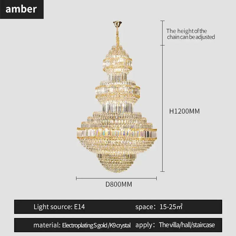 Amber tiered pendant light with gold electroplated frame and k9 crystal elements decorbites crystal villa chandelier