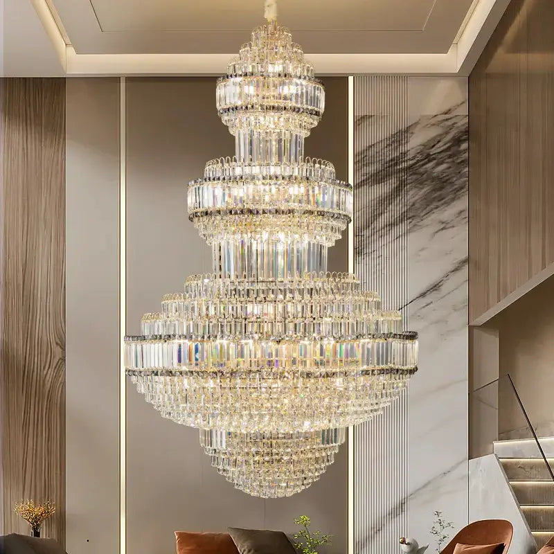 Modern european gold crystal villa chandelier pendant light featuring multi-tiered clear glass prisms and metallic frame