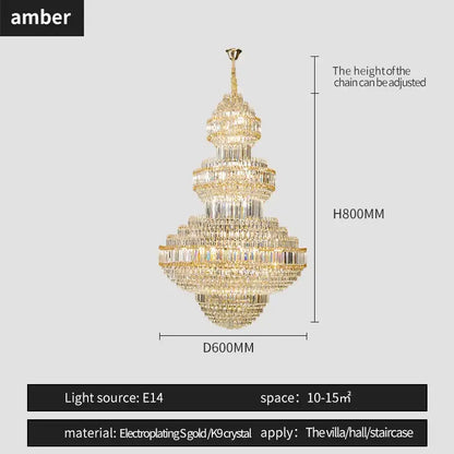 Modern european gold crystal villa chandelier featuring gold electroplated pendant light with clear k9 crystals