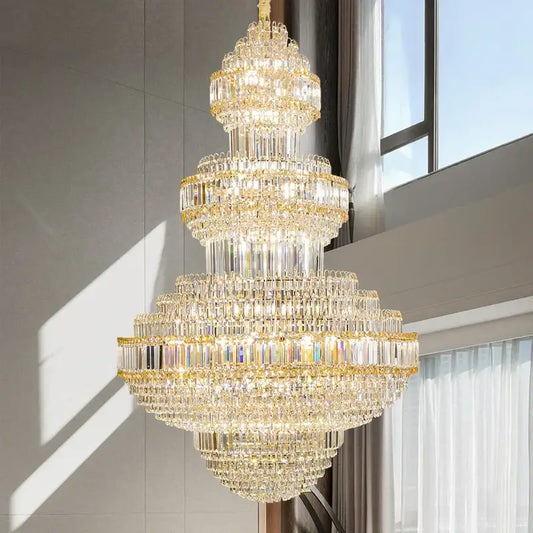 Modern European gold crystal villa chandelier with multi-tiered clear glass prisms pendant light for hotel lobby decorbites crystal villa