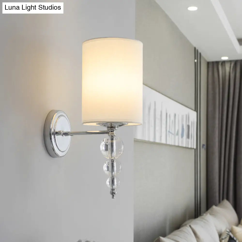 DecorBites™ DecorBites™ Modern Fabric and Metal Wall Lamp with Clear Crystal Ball Deco in Chrome - 1 Head Cylinder Shade Wall Mount Light