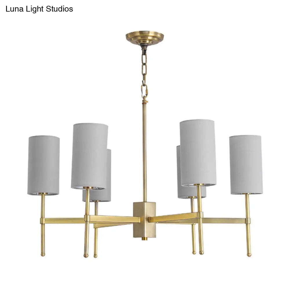 Lámpara colgante cilíndrica moderna de tela - Araña de 6 luces en gris/blanco para sala de estar