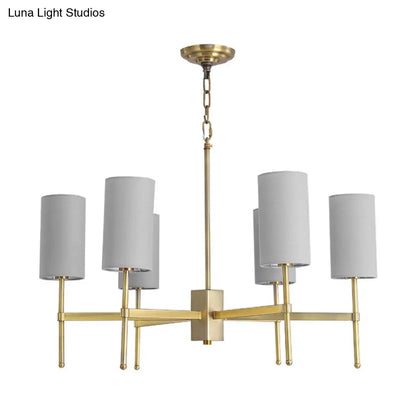 Lámpara colgante cilíndrica moderna de tela - Araña de 6 luces en gris/blanco para sala de estar