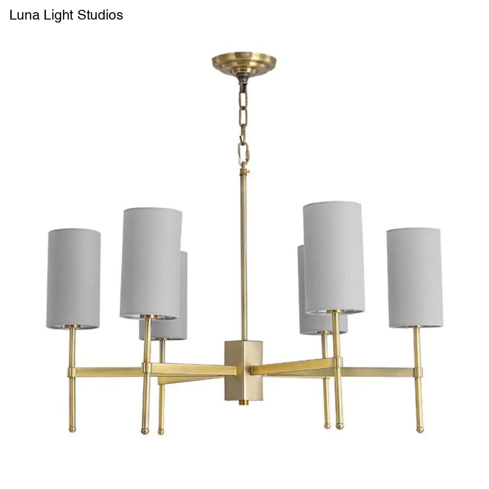 Lámpara colgante cilíndrica moderna de tela - Araña de 6 luces en gris/blanco para sala de estar