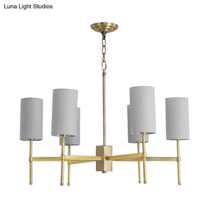 Lámpara colgante cilíndrica moderna de tela - Araña de 6 luces en gris/blanco para sala de estar