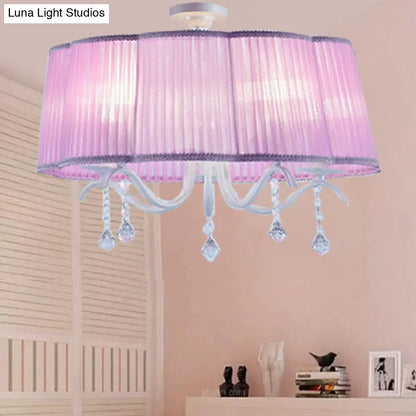 DecorBites™ DecorBites™ Modern Fabric Drum Chandelier with Crystal Decoration - 5-Light Semi Flush Mount for Girls' Bedroom