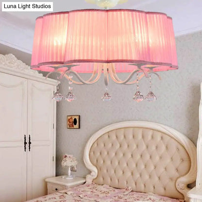 DecorBites™ DecorBites™ Modern Fabric Drum Chandelier with Crystal Decoration - 5-Light Semi Flush Mount for Girls' Bedroom