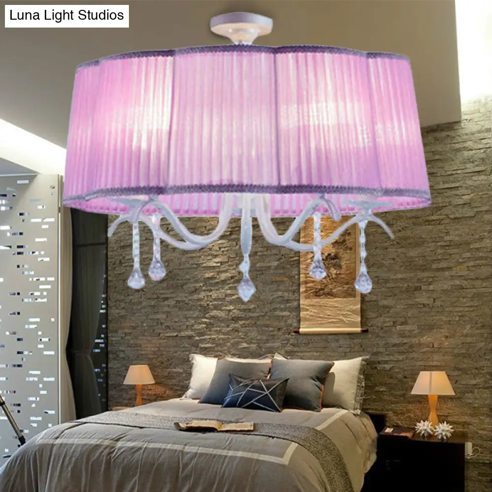 DecorBites™ DecorBites™ Modern Fabric Drum Chandelier with Crystal Decoration - 5-Light Semi Flush Mount for Girls' Bedroom