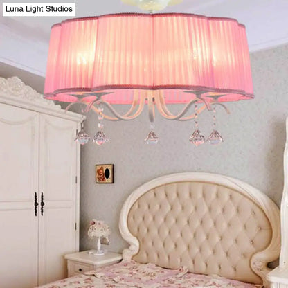 DecorBites™ DecorBites™ Modern Fabric Drum Chandelier with Crystal Decoration - 5-Light Semi Flush Mount for Girls' Bedroom