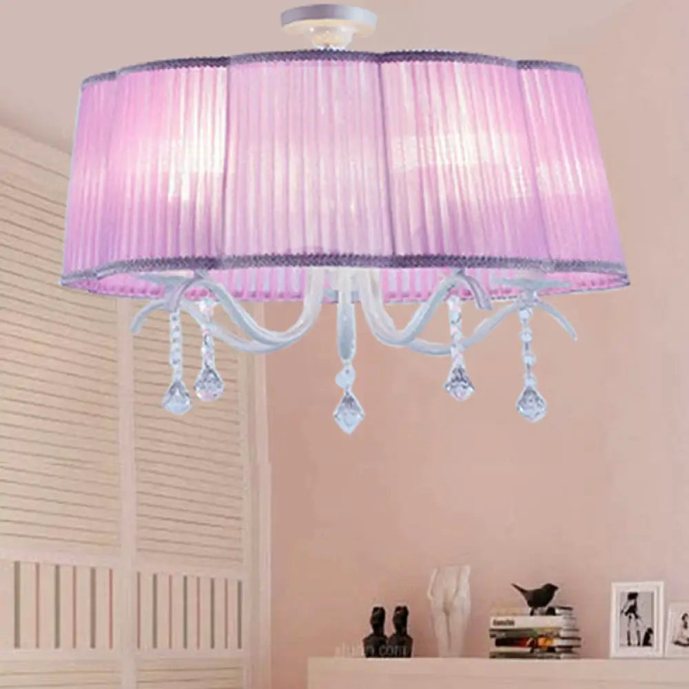 DecorBites™ DecorBites™ Modern Fabric Drum Chandelier with Crystal Decoration - 5-Light Semi Flush Mount for Girls' Bedroom