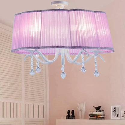 DecorBites™ DecorBites™ Modern Fabric Drum Chandelier with Crystal Decoration - 5-Light Semi Flush Mount for Girls' Bedroom