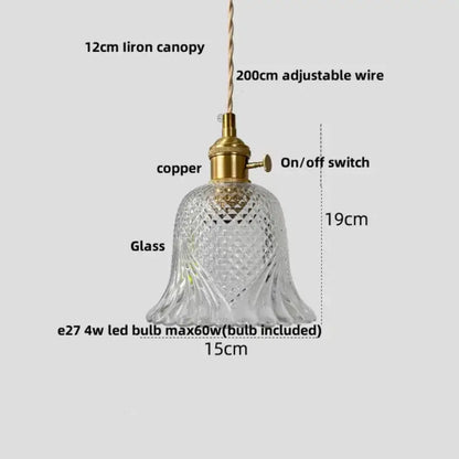 Modern faceted clear glass pendant lamp with brass copper fixture and knob switch featuring decorbites clear glass design