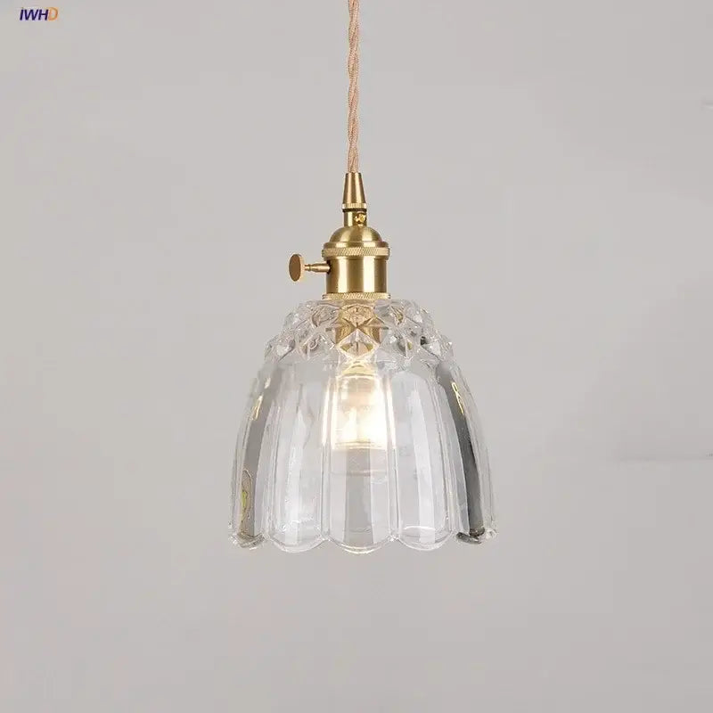 Modern faceted clear glass pendant lamp with knob switch brass fixture and twisted beige cord by decorbites clear glass