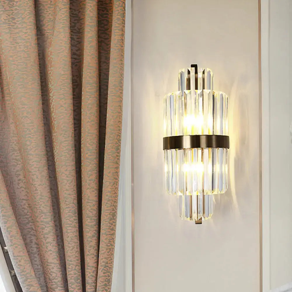 Modern faceted crystal bronze wall light with clear crystal rods and dark bronze band two lights wall lamp for bedroom