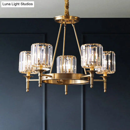 Lámpara de techo colgante moderna de cristal facetado cilíndrico con 3/5/6 bombillas y acabado en latón.